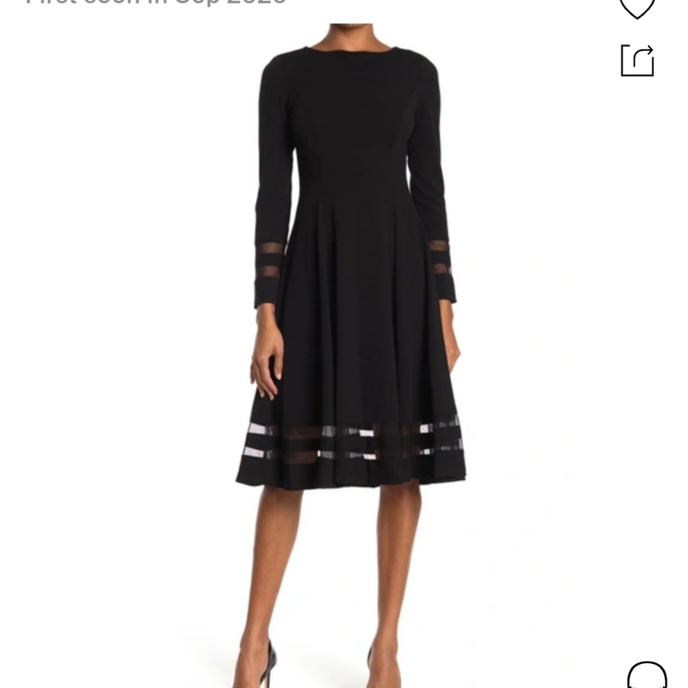 Size 14 Black Calvin Klein A-Line Mesh Stripe Long Sleeve Dress